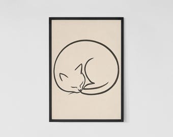 Sleeping Cat Line Art Print: Minimalist Japanese Decor (Digital Download)