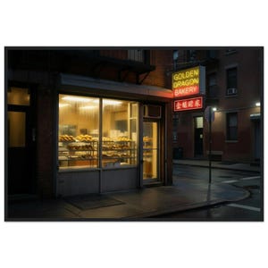 Könnte beinhalten: Außenansicht einer Bäckerei bei Nacht. Das Schaufenster zeigt Backwaren auf Regalen. Ein Leuchtschild zeigt "GOLDEN DRAGON BAKERY" in Englisch und Chinesisch. Die Straße ist nass und reflektiert die Lichter.