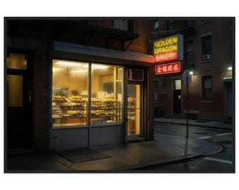 Stampa incorniciata "Finestra di una panetteria di Chinatown" / Arte al neon con drago dorato