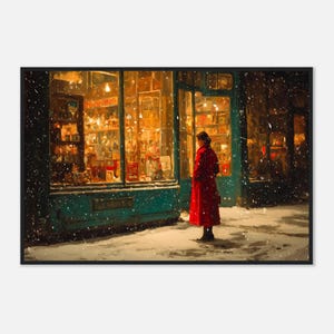 Quadro emoldurado inspirado em Edward Hopper com vitrine natalina | Arte de parede vintage para uma noite urbana