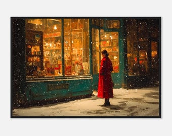 Edward Hopper-Inspired Framed Christmas Window Shopper Print | Vintage City Night Wall Art