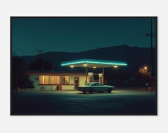 Edward Hopper-Inspired Framed Gas Station Print | Retro Roadside Night Art