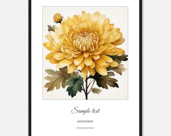 Gepersonaliseerde ingelijste chrysant: aquarel bloemen geboorte november