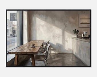 Stampa incorniciata ispirata a Edward Hopper di Slow Coffee Shop / Arte minimalista per interni illuminata dal sole