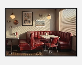 Op Edward Hopper geïnspireerde Quiet Diner rode ingelijste print | Moderne cafémuurkunst