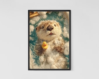 Kunstprint van otter in bad: grillige badkamerdierenillustratie (digitale download)