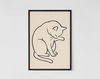 Ukiyo-e Cat Line Art Print: Minimalist Japanese Poster (Digital Download)