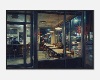 Op Edward Hopper geïnspireerde ingelijste print stadsavonddiner | Rainy Window Street Art