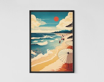 Vintage Japanese Beach Print: Ukiyo-e Style Coastal Art (Digital Download)