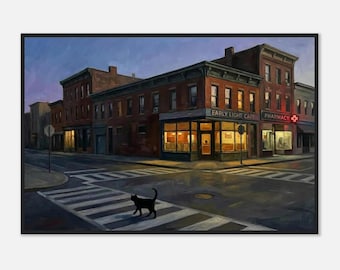 Edward Hopper-inspirierter gerahmter Straßeneckendruck | Schwarze Katze Crossing Wall Art
