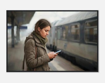 Painterly Train Station Woman Reading Framed Print | Modern Commuter Wall Art