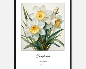 Gepersonaliseerde ingelijste poster met geboortebloem: narcissen aquarel botanische kunst