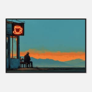 Puede incluir: Representación artística de una persona sentada afuera de un café. El café tiene un letrero de neón de una taza de café. El cielo es un degradado de verde azulado y naranja, con montañas en la distancia. La persona lleva sombrero y ropa oscura.