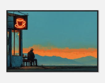 Op Edward Hopper geïnspireerde ingelijste woestijndinerprint | Muurkunst neon-zonsondergang langs de weg