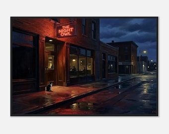 Op Edward Hopper geïnspireerde ingelijste print nachtuilbalk | Regenachtige neonstraatkatkunst