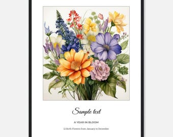 Gepersonaliseerde geboorteboeketprint: familienaam ingelijste botanische kunst