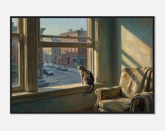Edward Hopper-inspirierter Fensterabdruck mit gerahmter getigerter Katze | Sonnenbeschienene Stadt Innenwandkunst