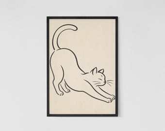 Impresión artística de línea de gato estirándose: estilo ukiyo-e japonés (descarga digital)