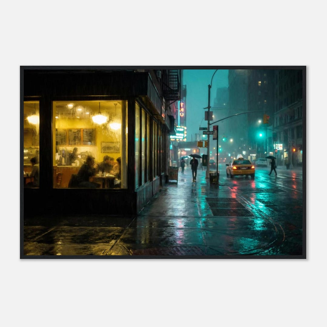 Rainy City Cafe at Night Framed Print | Umbrellas Taxi Street Art - Etsy