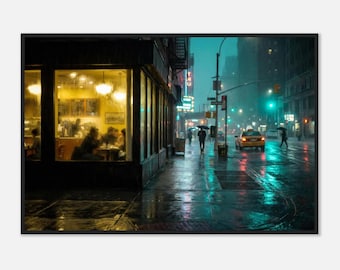 Rainy City Cafe at Night Framed Print | Umbrellas Taxi Street Art
