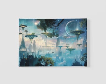 Pastellfärgad nebula med flytande öar – tryck: Sci-Fi-drömlandskap (digital nedladdning)