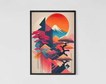 Stampa artistica astratta con inchiostro giapponese: paesaggio montuoso geometrico al neon (download digitale)