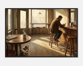 Edward Hopper-inspirierter gerahmter Morgen Café Druck | Terrier Unter Tisch Wandkunst