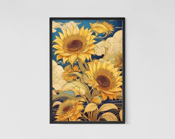 Sunflower Botanical Watercolor Print: Japanese Floral Art (Digital Download)