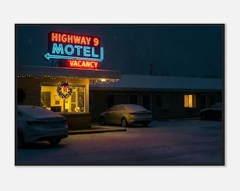 Op Edward Hopper geïnspireerde ingelijste kerstmotelprint | Muurkunst Highway 9 Vacature Night