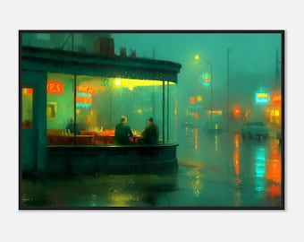 Op Edward Hopper geïnspireerde ingelijste regenachtige dinerprint | Stedelijke muurkunst neon nacht