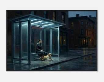 Edward Hopper-Inspired Rainy Bus Stop Framed Print | Woman with Labrador Night Art