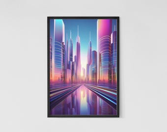 Stampa olografica di paesaggio urbano: arte metallica futuristica minimalista (download digitale)