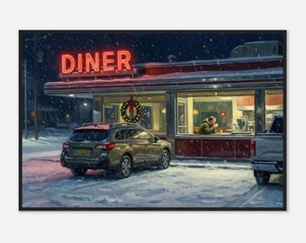 Op Edward Hopper geïnspireerde ingelijste Snowy Diner kerstprint | Neon nacht vakantie muurkunst