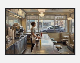 Edward Hopper-inspirierter moderner Diner Kellnerin gerahmter Druck | Quiet Counter City Kunst
