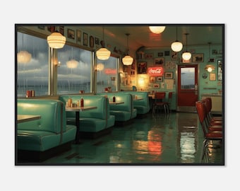 Op Edward Hopper geïnspireerde ingelijste vintage dinerprint | Groenblauwe stand kustmuurkunst