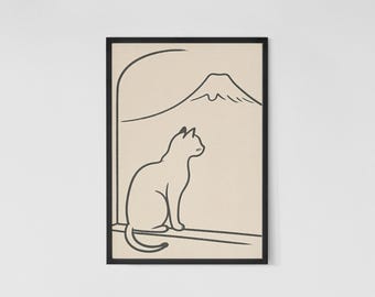 Japanese Cat Art Print: Mt. Fuji Line Drawing (Digital Download)