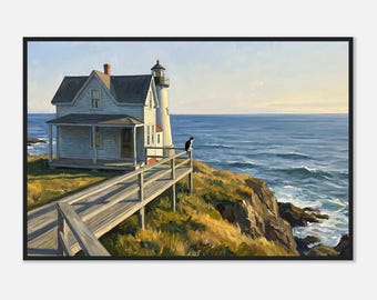 Edward Hopper-Inspired Cliffside Lighthouse Cat Framed Print | Coastal Ocean Wall Art