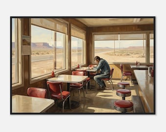 Op Edward Hopper geïnspireerde woestijn langs de weg ingelijste print | Koffiekunst Lone Man