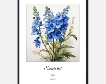 Gepersonaliseerde ingelijste poster met bloem geboorte juli: ridderspoor, aquarel botanische kunst