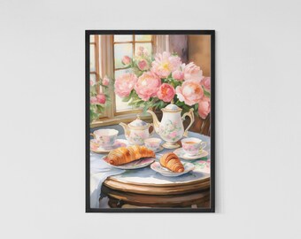 Watercolor Brunch Scene Art Print – Vintage French Café (Digital Download)