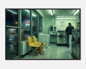 Op Edward Hopper geïnspireerde wasserette Corgi ingelijste print | Neonmuurkunst Rainy Night
