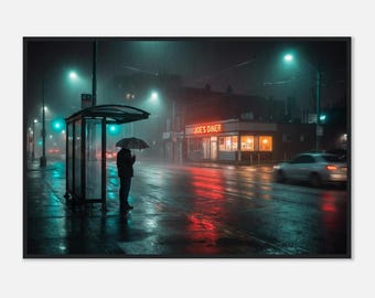 Rainy Night Bus Stop and Diner Framed Print | Neon City Street Wall Art