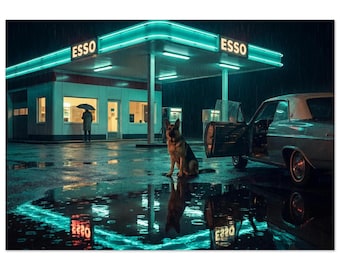Edward Hopper-inspirierter regnerischer Gas-Station-Druck | Moderne Schäferhund Nacht Wandkunst