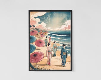Japanese Beach Print: Kimonos, Parasols, Coastal Japandi Art (Digital Download)