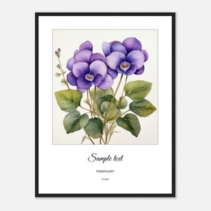 February Birth Flower Wall Art – Violet Botanical Print, Personalized Framed Poster, Custom Name Floral Gift