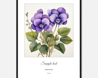 Gepersonaliseerde ingelijste bloemenprint februari geboorte: violette botanische kunst