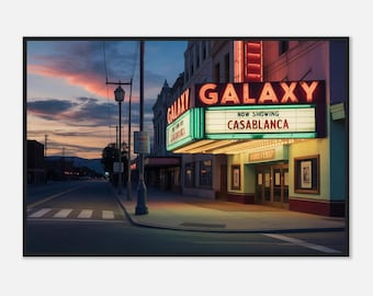 Op Edward Hopper geïnspireerde ingelijste bioscoopafdruk | Neon Night Street-muurkunst