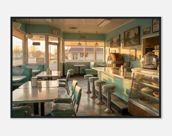 Quadro decorativo com o interior de um restaurante Sunset Diner inspirado em Edward Hopper | Arte de parede vintage americana