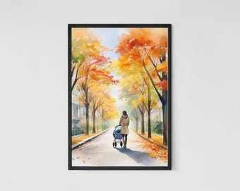 Autumn Mom and Baby Stroller Watercolor Art Print (Digital Download)