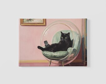 Retro print van zwarte kat: bubble chair uit het midden van de eeuw, grappige judgy kat (digitale download)